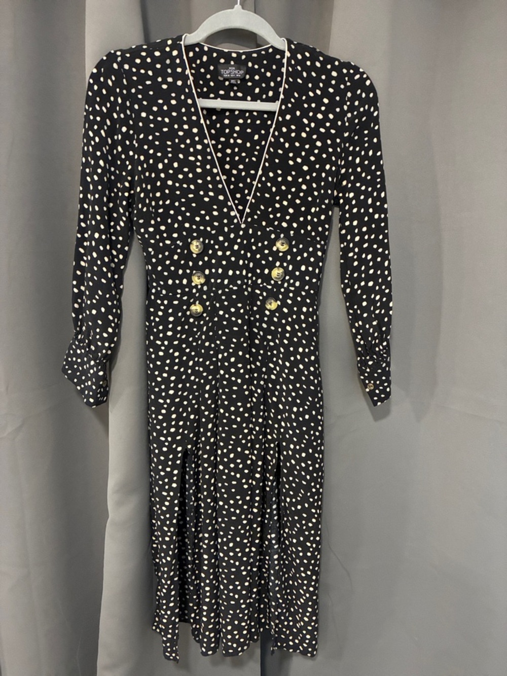 Topshop Black Midi Dress with cream  Polka Dots and decorative Buttons